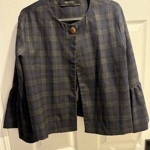 Zara Basic Blue Plaid Jacket with Button Detail